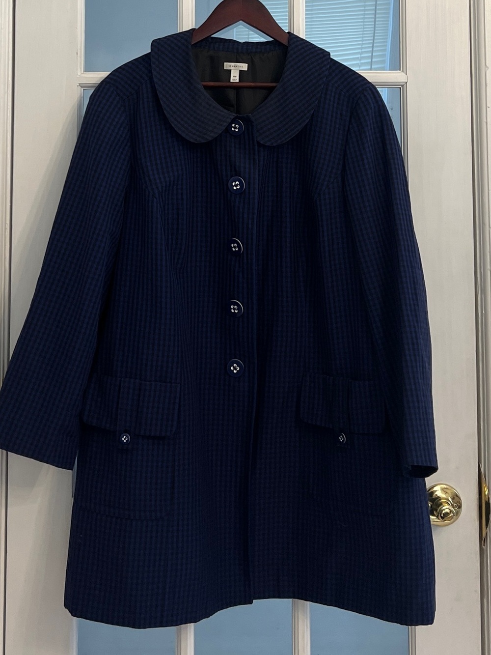 SEMANTIKS Women’s Silk Linen Blend Navy Blue Gingham Button Front Long Coat 18W